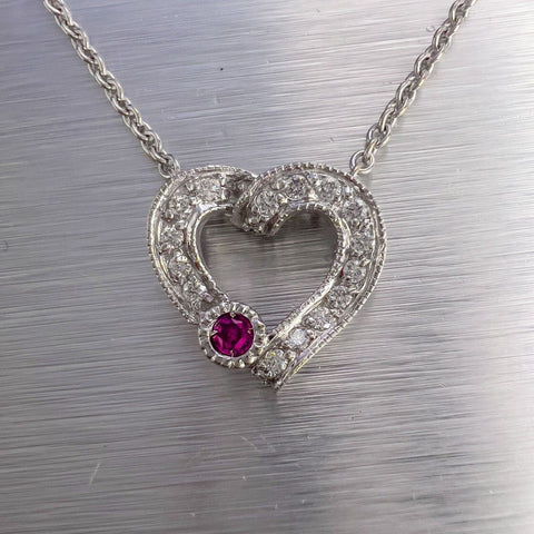 14k White Gold Diamond 0.10ct Ruby Heart Pendant Necklace 0.15ctw G VS2 4.2g 17"