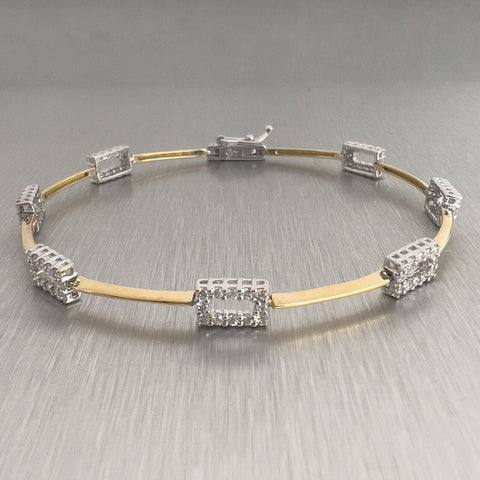 18k White & Yellow Gold Diamond Rectangle Station Bracelet 1.00ctw 7" 6.4g