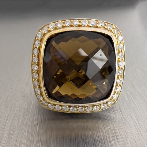 David Yurman 925 Silver & 18k Gold Smoky Topaz Diamond Signature Albion Ring