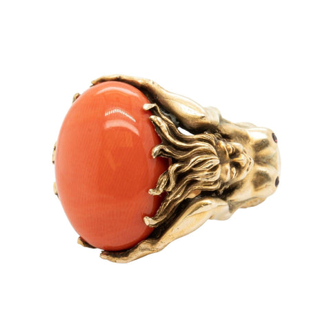 Vintage Cabochon Coral Ruby 14k Yellow Gold Mermaid Lady Sculptural Ring S7.75