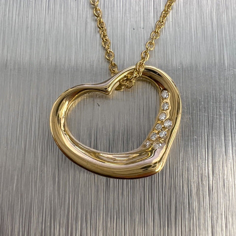 Tiffany & Co. Elsa Peretti 15mm Open Heart 18k Yellow Gold Diamond Necklace 16"