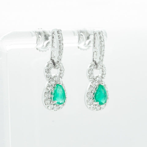 18k White Gold 1.15ctw Diamond 0.85ctw Pear Emerald Dangle Earrings 4.3g