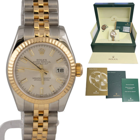 06-07 Rolex DateJust 179173 18k Gold & Stainless Silver Dial 26mm Watch BOX CARD