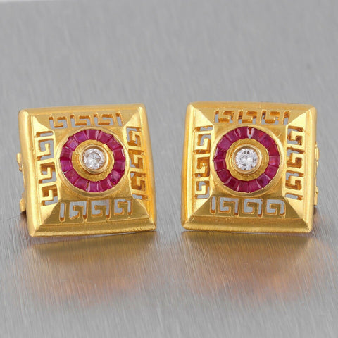 Vintage 22k Yellow Gold 0.25ctw Diamond Ruby Halo Greek Key Square Earrings 14g