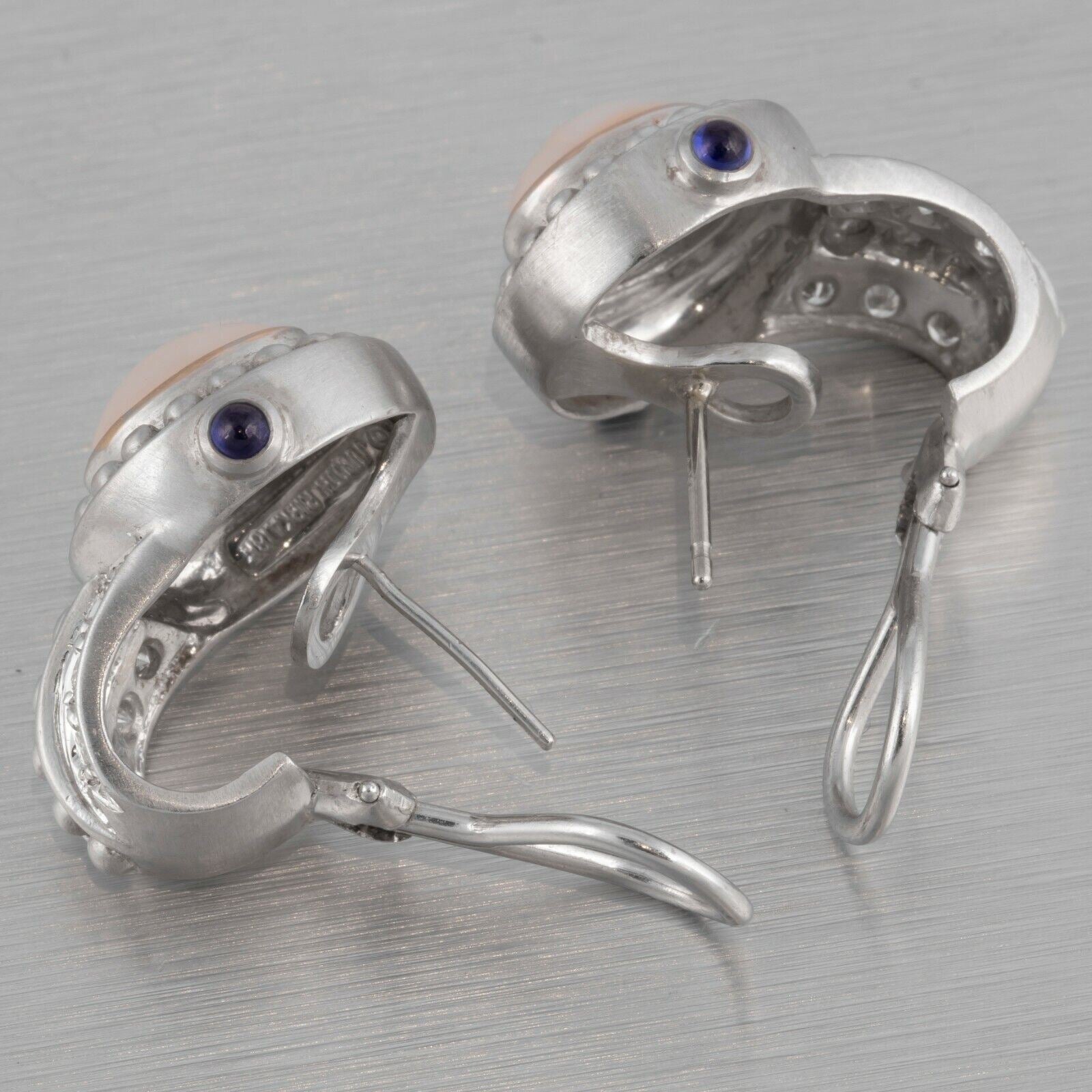 Judith Ripka 18k White Gold Cabochon Pearl Diamond & Sapphire Earrings 0.50ctw