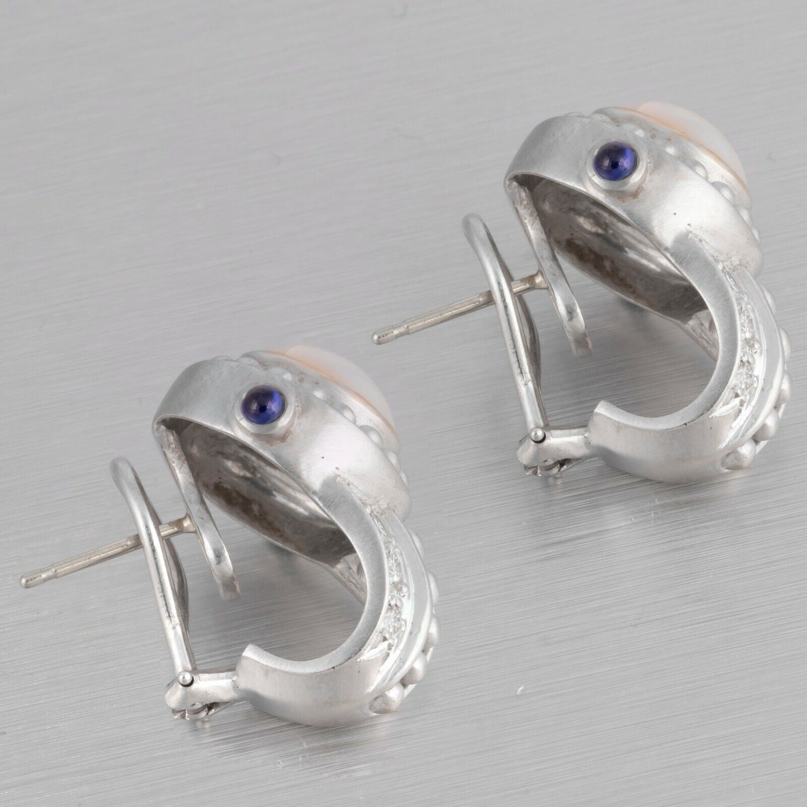 Judith Ripka 18k White Gold Cabochon Pearl Diamond & Sapphire Earrings 0.50ctw