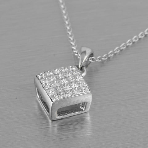 Estate 18k White Gold Princess Cut Diamond Square Pendant Necklace 0.50ctw 18"