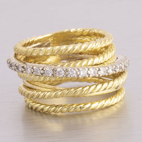 David Yurman 18k Yellow Gold Wide Diamond Cable Crossover Ring 0.18ctw RET $2800