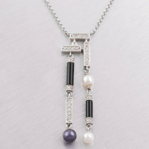 14k White Gold Diamond, White & Tahitian Pearl Onyx Drop Necklace 0.20ctw