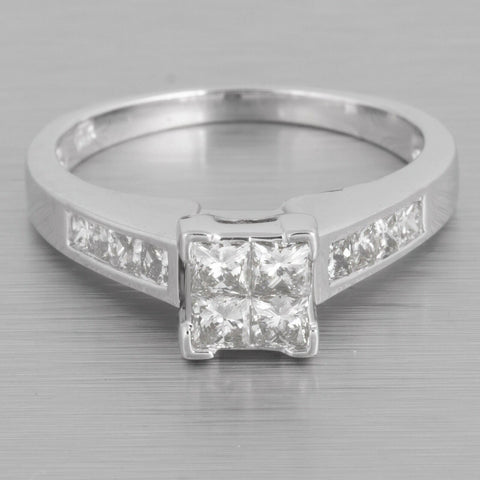14k White Gold Four Stone Princess Cut Diamond Ring w/ accents 1.06ctw size 7.75