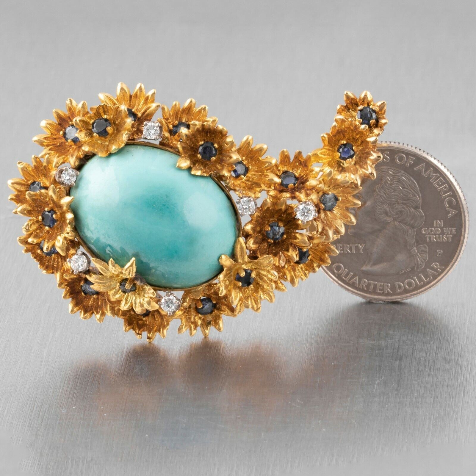 18K Yellow Gold Turquoise and Diamond Leaf Brooch — Antique Jewelry NYC