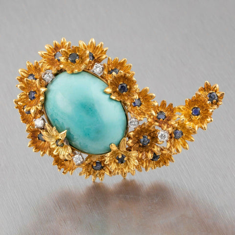 Boris Le Beau 18k Yellow Gold Sapphire Diamond Turquoise Flower Brooch Pin RARE