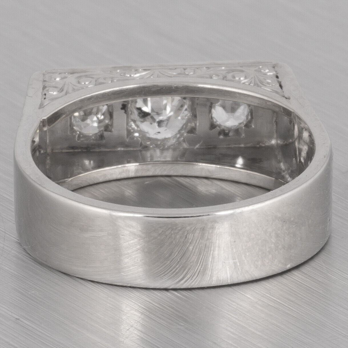 Antique Art Deco 14k White Gold Three Stone Engraved Diamond Ring 0.75ctw sz7.25