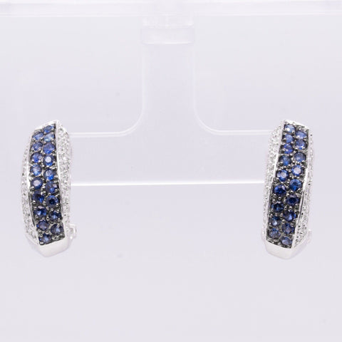 18k White Gold Pave Diamond Sapphire Curved J-Hoop Earrings 0.50ctw G VS2