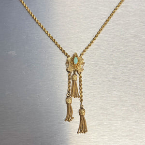 Antique Victorian 14k Gold Marquise Opal Dangling Tassel Slider Necklace 24" 36g