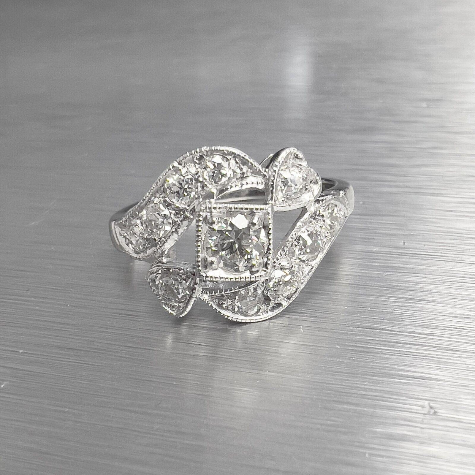 Antique Platinum 900 Diamond Ornate Swirl Heart Milgrain Ring 0.75ctw G VS2 sz 7