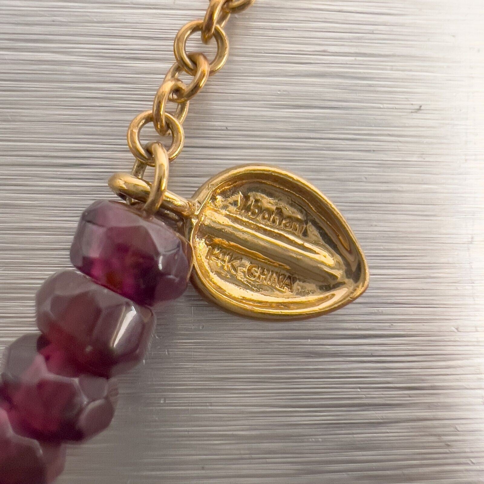 Jane Bohan 14k Gold Merlot Brazilian Garnet Bead Leaf Necklace 18" RETIRED