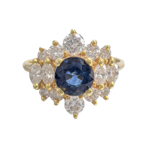 18k Yellow Gold 0.75ct Sapphire Diamond Cluster Cocktail Ring 0.50ctw sz 8.75