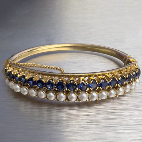 Antique Victorian 14k Yellow Gold Pearl Sapphire Hinged Bangle Bracelet 6.5"