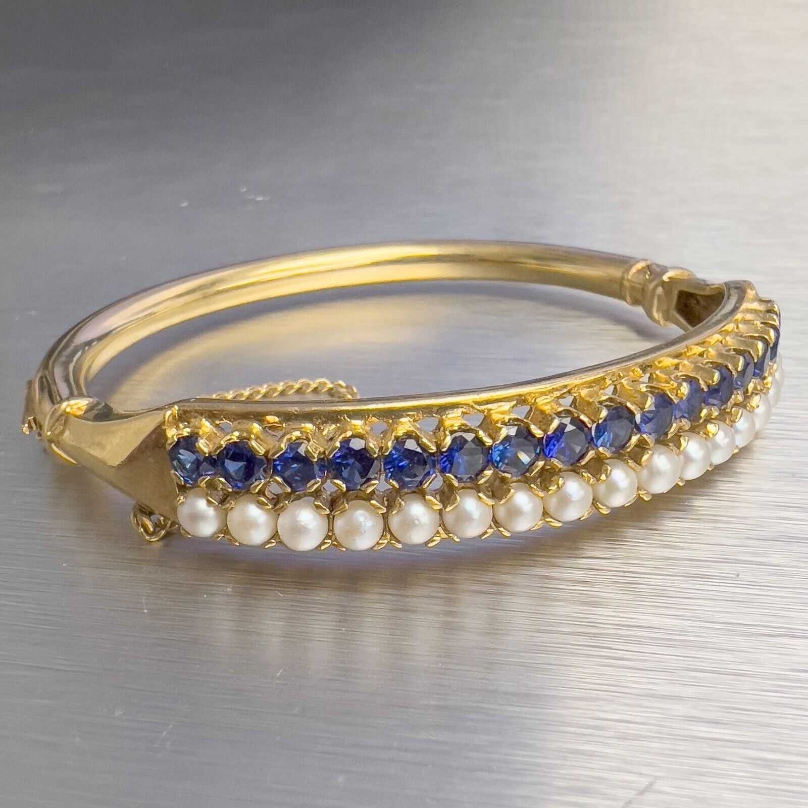 Antique Victorian 14k Yellow Gold Pearl Sapphire Hinged Bangle Bracelet 6.5"