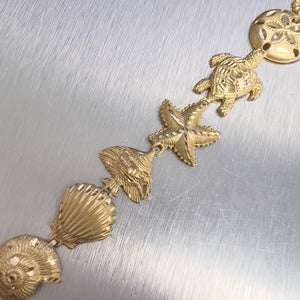 14k Yellow Gold Sealife Crab Shell Lobster Star Fish Turtle Beach Bracelet 7.25"