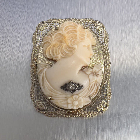 Antique 14k White Gold Porcelain Cameo Diamond Reversible Filigree Pendant / Pin