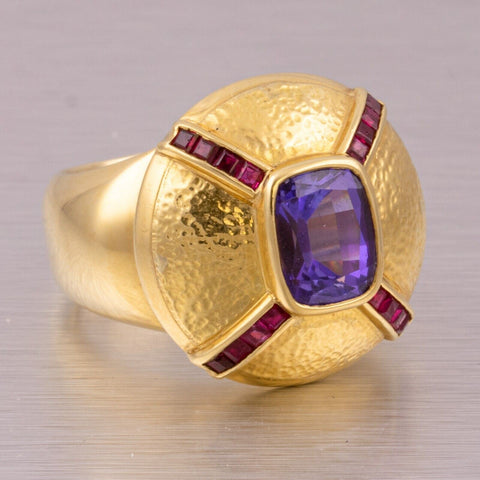 Vintage 18k Yellow Gold 2.75ct Cushion Tanzanite Ruby Hammered Dome Ring
