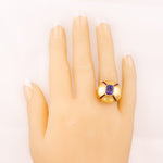 Vintage 18k Yellow Gold 2.75ct Cushion Tanzanite Ruby Hammered Dome Ring