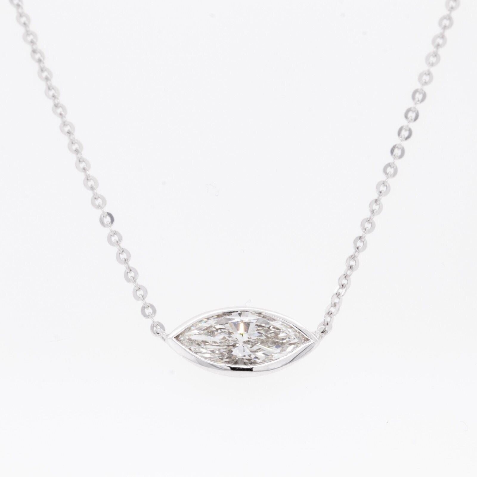 14k White Gold Marquise Diamond Bezel Set Pendant Necklace 0.90ct I VS2 16.5"
