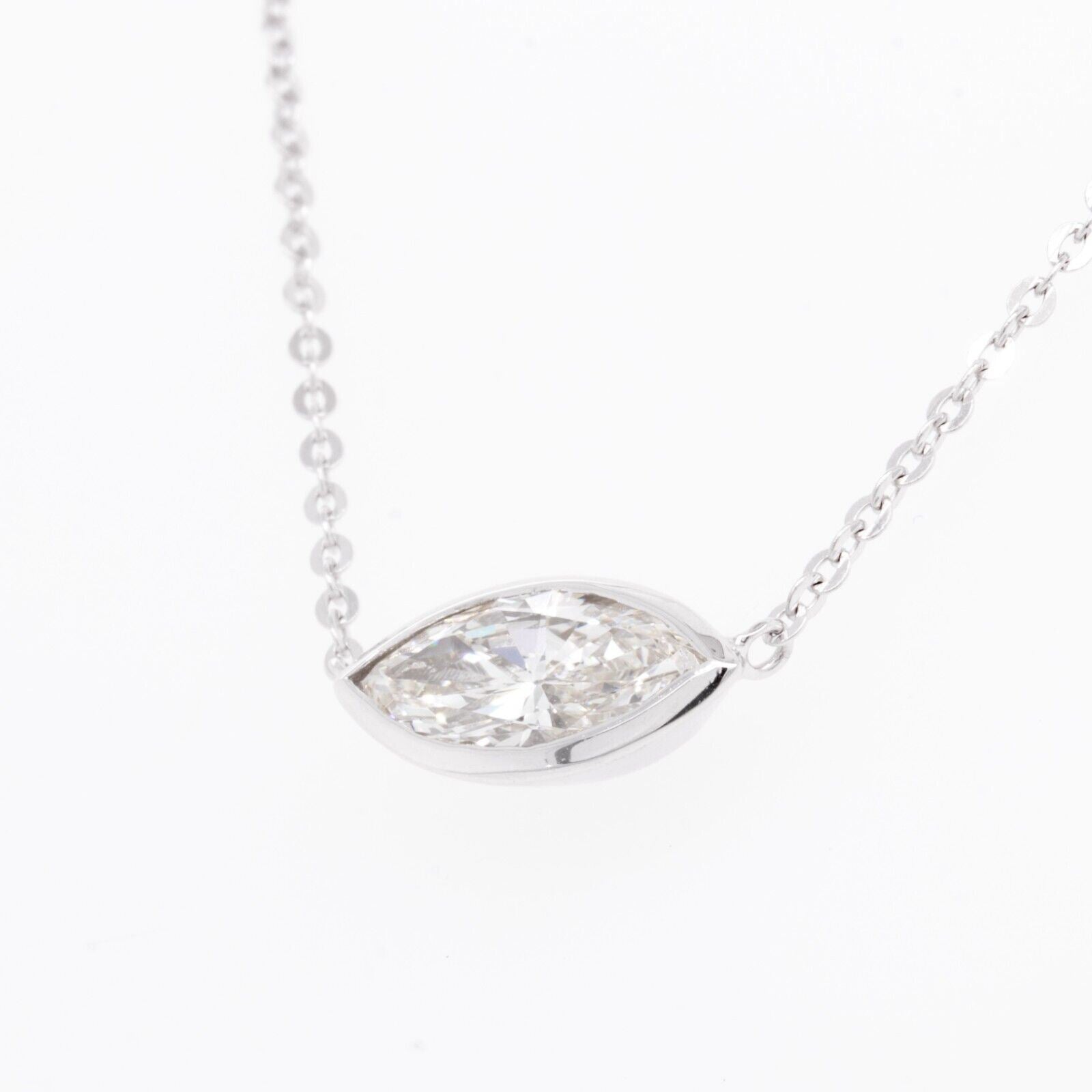 14k White Gold Marquise Diamond Bezel Set Pendant Necklace 0.90ct I VS2 16.5"