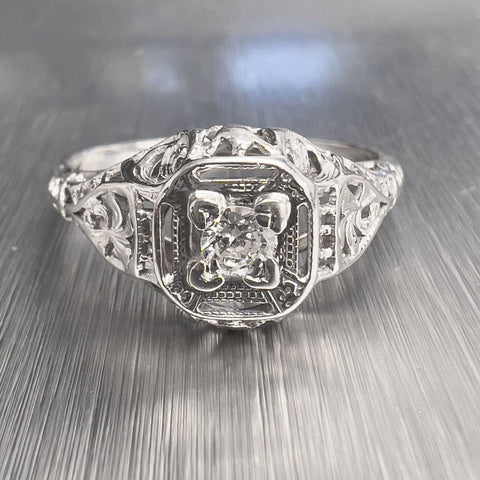 Antique Art Deco 18k White Gold Diamond Solitaire Ring 0.10ct G VS2 sz 7.25
