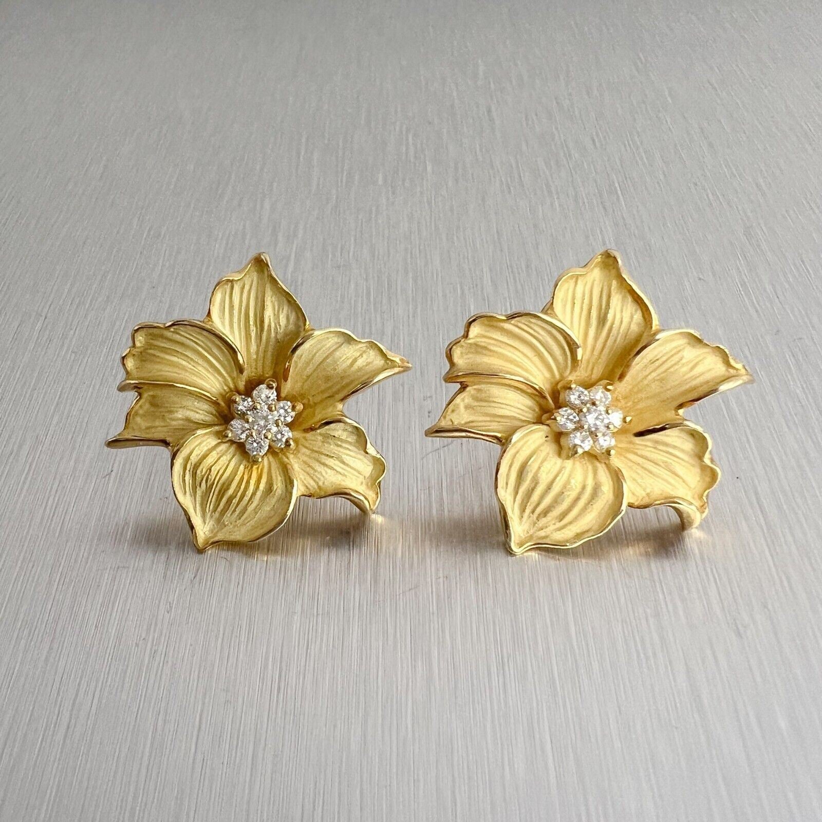 18k Yellow Gold Diamond Peach Blossom Flower Omega Back Earrings 0.50ctw 21.3g