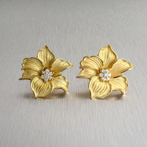 18k Yellow Gold Diamond Peach Blossom Flower Omega Back Earrings 0.50ctw 21.3g