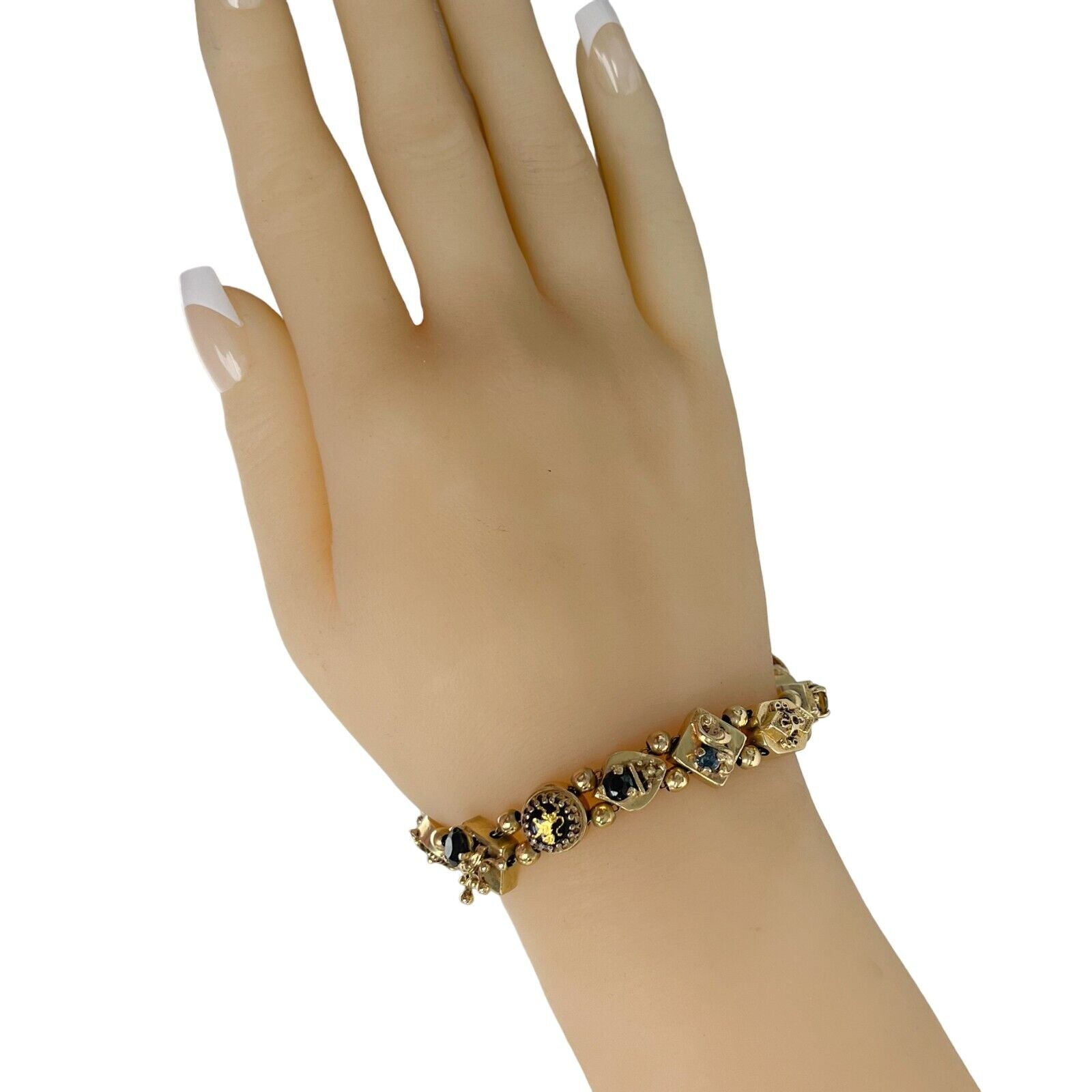 Vintage 14k Yellow Gold Pearl & Gemstones Lion Snake Crown Charm Bracelet 30g