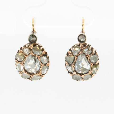 Antique 1800s 9k Yellow White & Rose Gold Rose Cut Diamond Cluster Earrings 3ctw