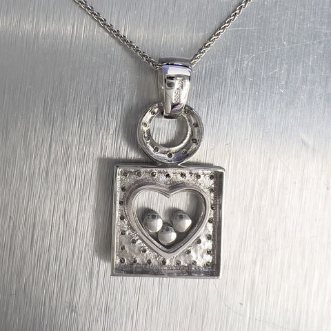14k White Gold 3 Floating Diamond Pave Heart Square Necklace 0.35ctw 18"