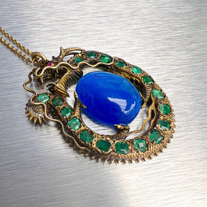14k Yellow Gold Dragon Clutching SIM Cat's Eye Sapphire Emerald Ruby Pendant