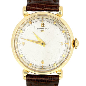 Vintage Hamilton Tiffany & Co. Silver 30mm 14K Yellow Gold Manual Leather Watch