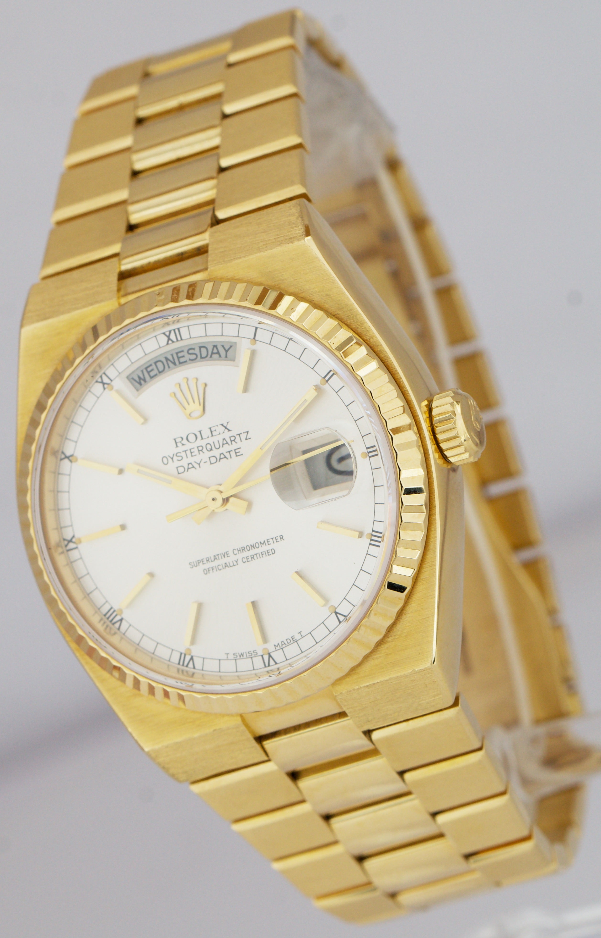Rolex OysterQuartz Day-Date President Gold 36mm Silver Stick Quartz Watch 19018