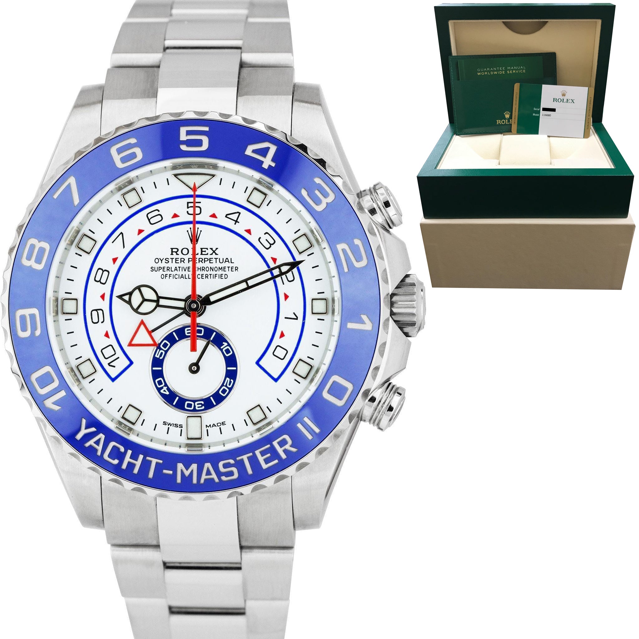 Rolex Yacht-Master II 44mm NEWEST HANDS Stainless White Blue 116680 Watch B+P