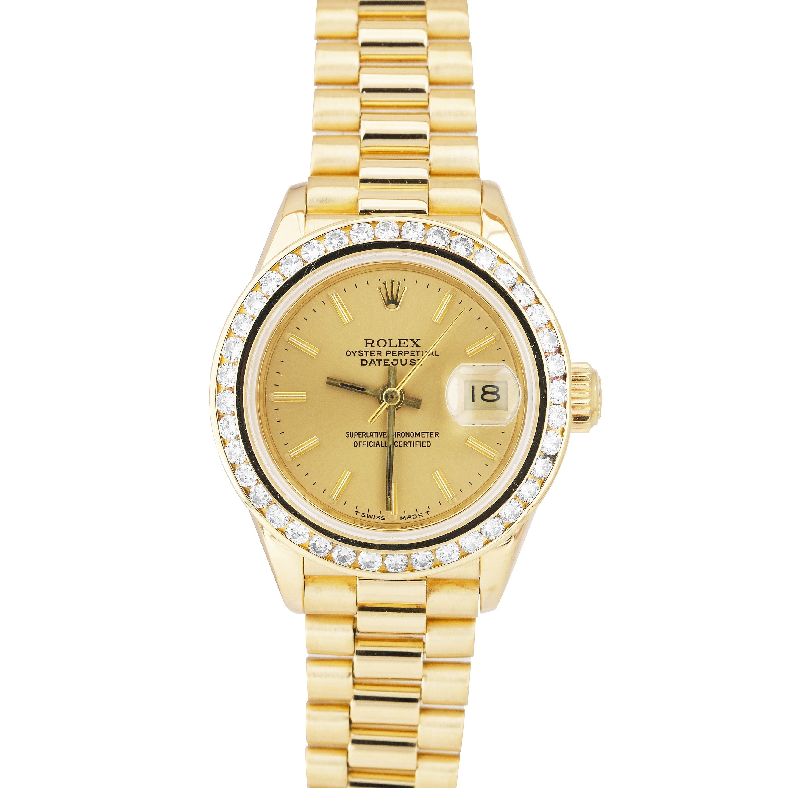 Rolex DateJust President 26mm DIAMOND BEZEL Champagne Yellow Gold Watch 69178