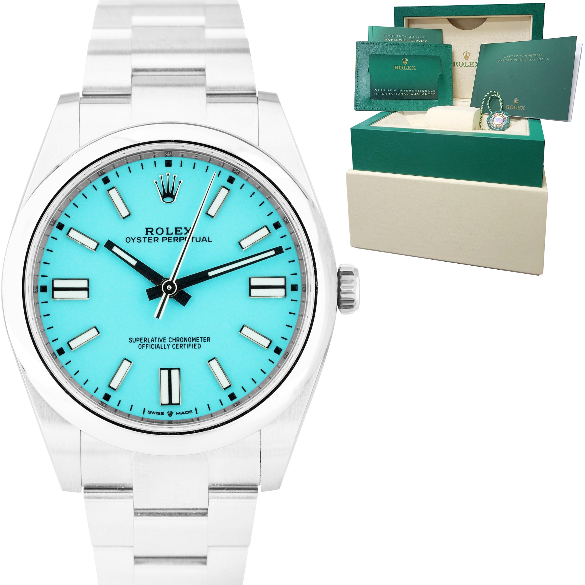 BRAND NEW SEPT. 2021 Rolex Oyster Perpetual 41mm TURQUOISE BLUE Watch 124300 B+P