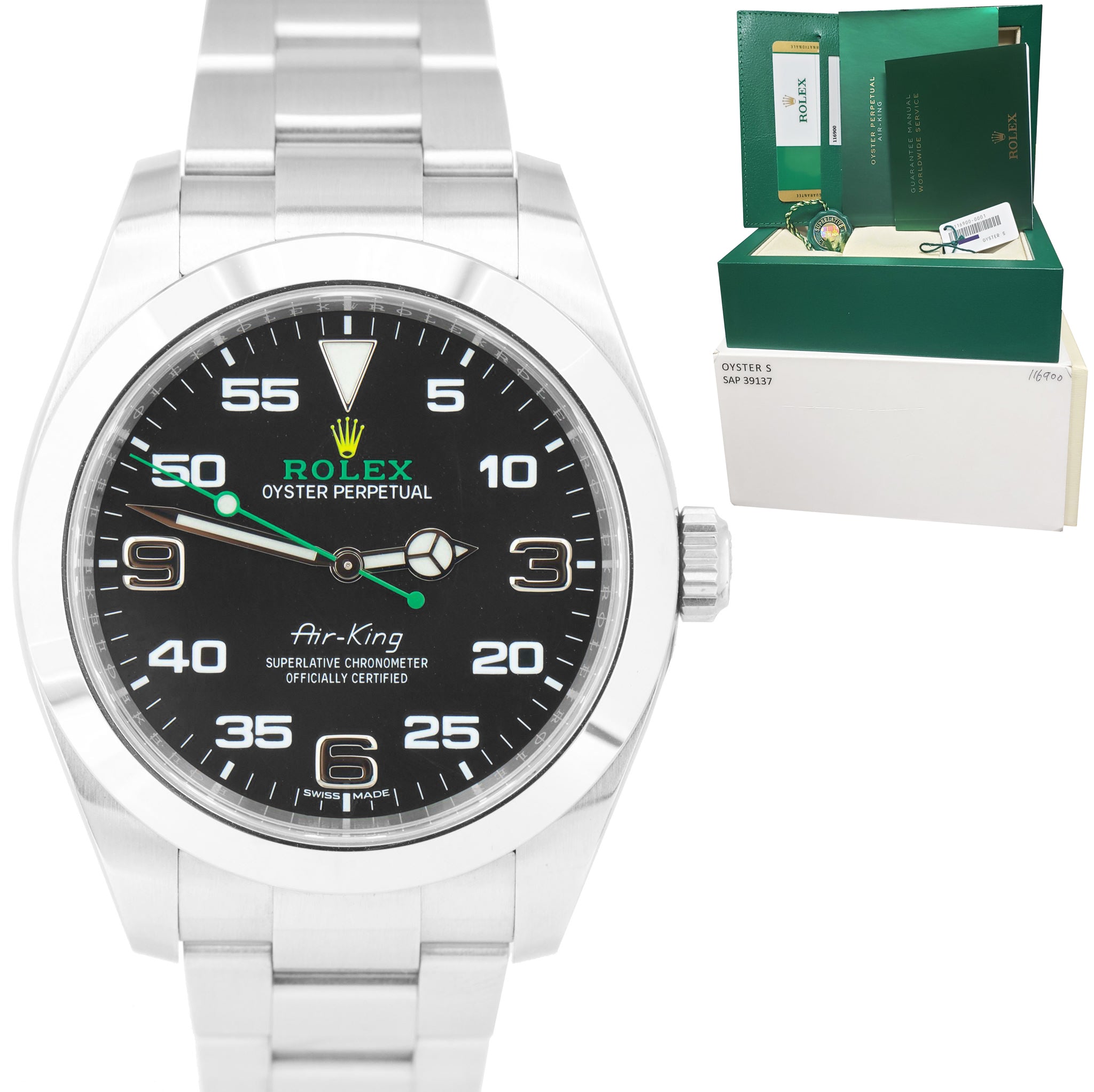 2018 Rolex Air-King 40mm Green Black Stainless Steel Arabic 116900 Watch B+P