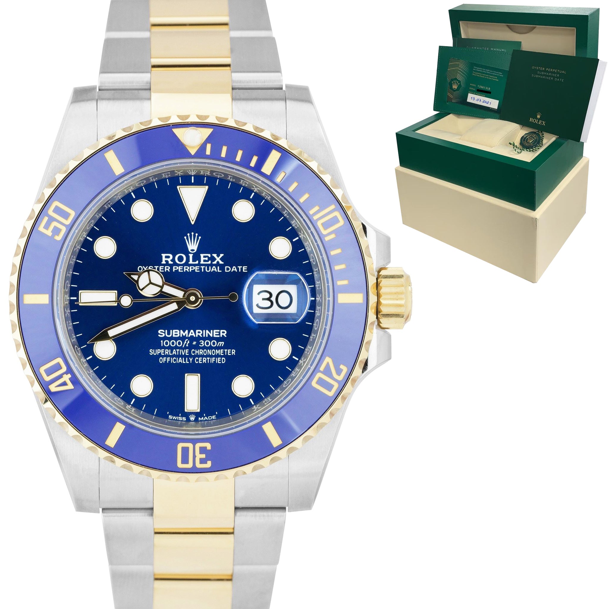 NEW 2021 Rolex Submariner Date 41mm Ceramic Two-Tone Gold Blue Watch 126613 LB