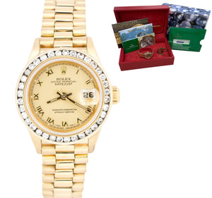 Ladies Rolex DateJust President 26mm Champagne DIAMOND 18K Gold Roman 69178 B&P