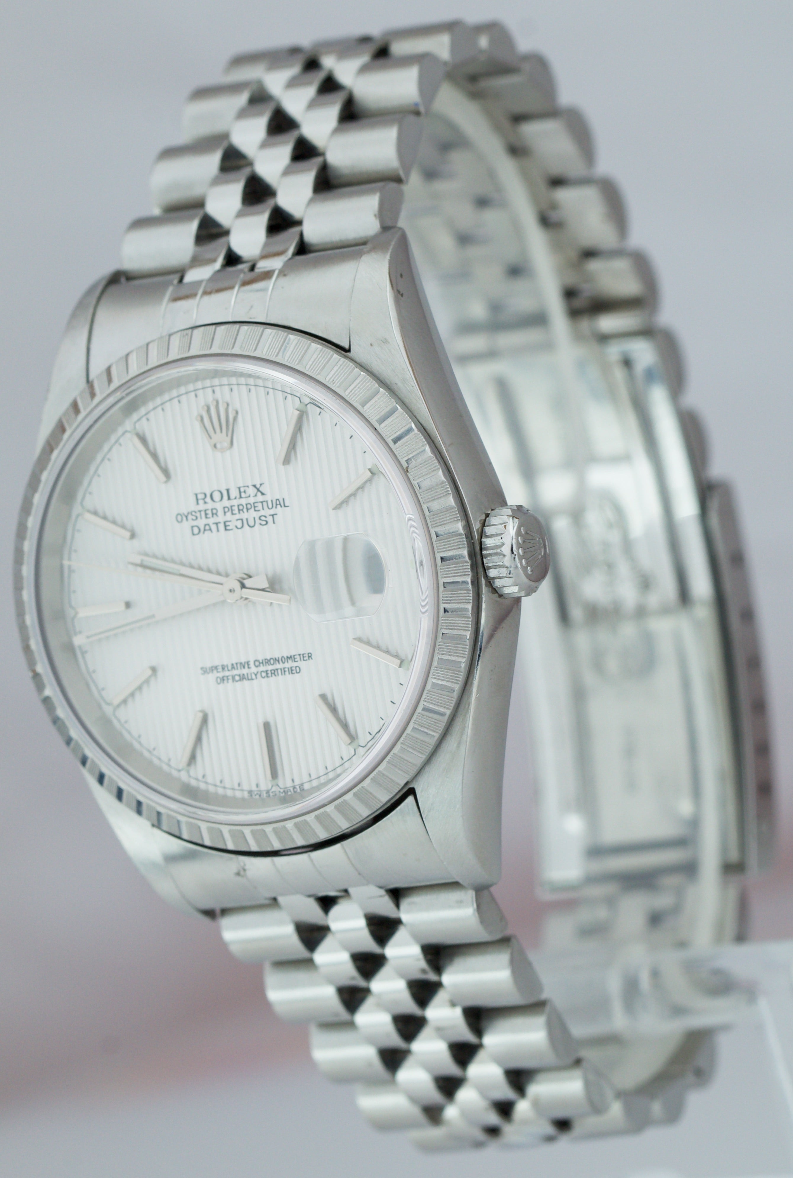 2002 Rolex DateJust 36mm Silver Tapestry 16220 NO-HOLES CASE Jubilee Watch 16234