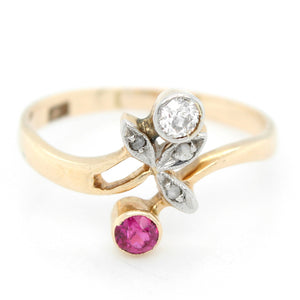 Antique Art Deco 14k Yellow Gold 0.10ct Ruby & Diamond Statement Ring