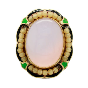 Antique Art Deco 9ct Chalcedony, Pearl, & Enamel Cocktail Ring - 14k White Gold