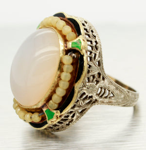 Antique Art Deco 9ct Chalcedony, Pearl, & Enamel Cocktail Ring - 14k White Gold