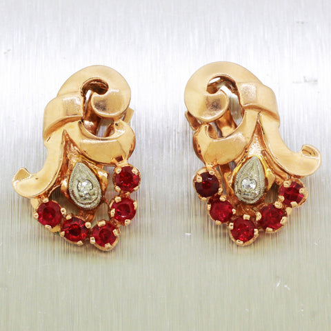 1940s Art Deco 14k Rose Gold 2.00ctw Ruby & Diamond Bouquet Earrings